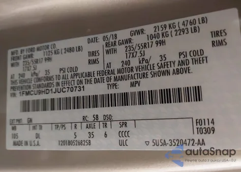 2018 Ford Escape Sel z USA, uszkodzony, nr VIN 1FMCU9HD1JUC70731